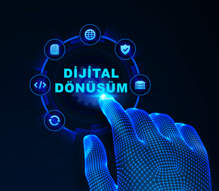 Dijital dönüşüm yazısı ve teknoloji simgelerine dokunan dijital el